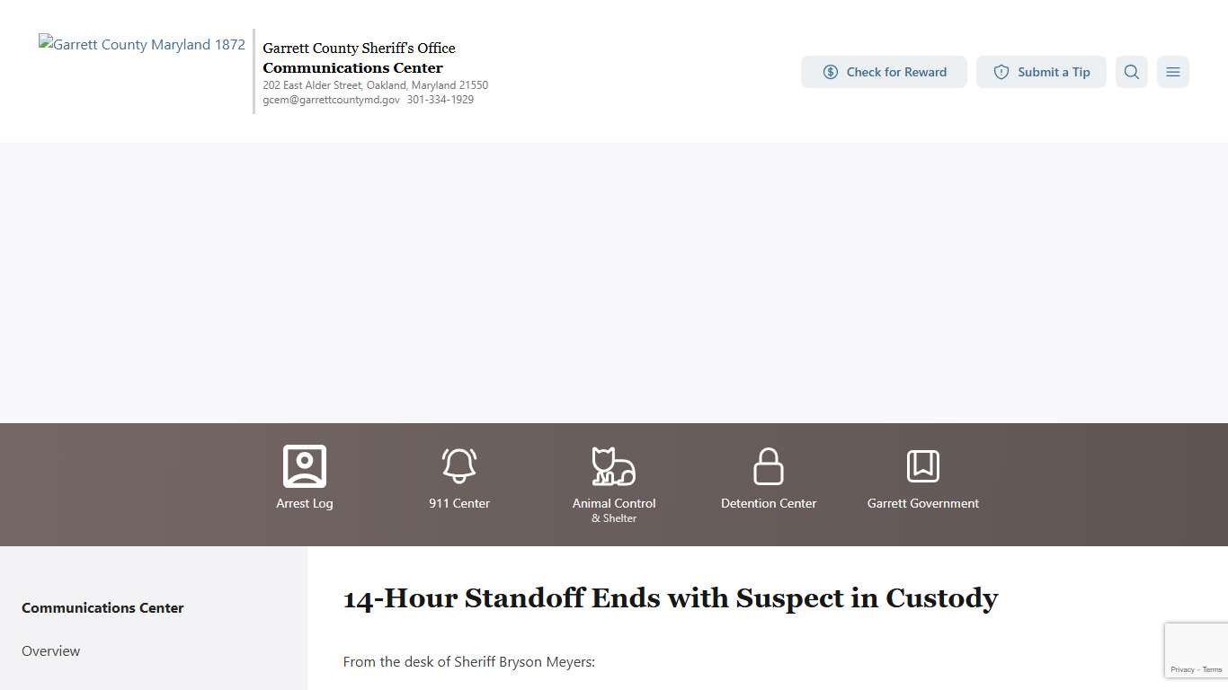 14-Hour Standoff Ends with Suspect in Custody Sheriff's Office of Garrett County, Maryland